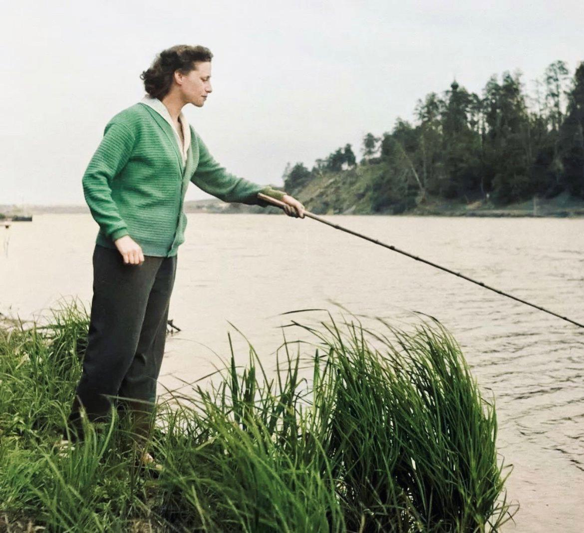 Ballerina Maya Plisetskaya fishing on the banks of the Moskva River,