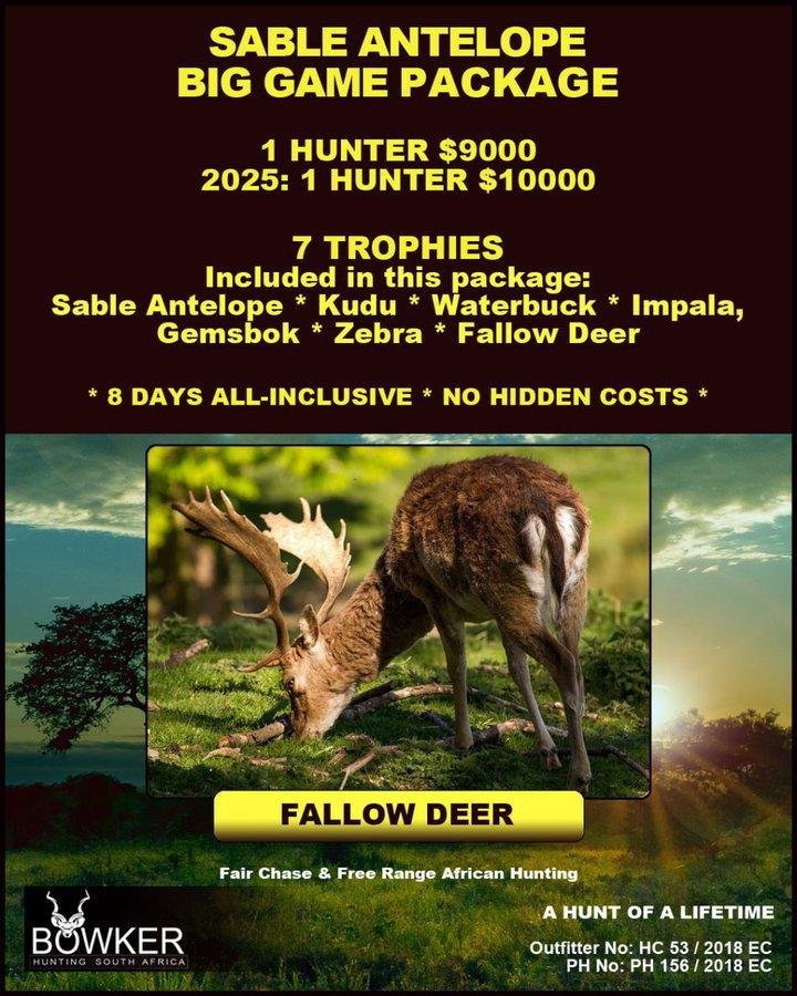 #hunting #nickbowkerhunting *a hunt of a lifetime * fair chase hunting, free-range * 7 trophies * 10 days * no hidden costs * Outfitter No: HC 53 / 2018 EC; PH No: PH 156 / 2018 EC -  Sable Antelope Big Game Package https://nickbowkerhunting.com/african-hunting-packages#sable-big-game-package