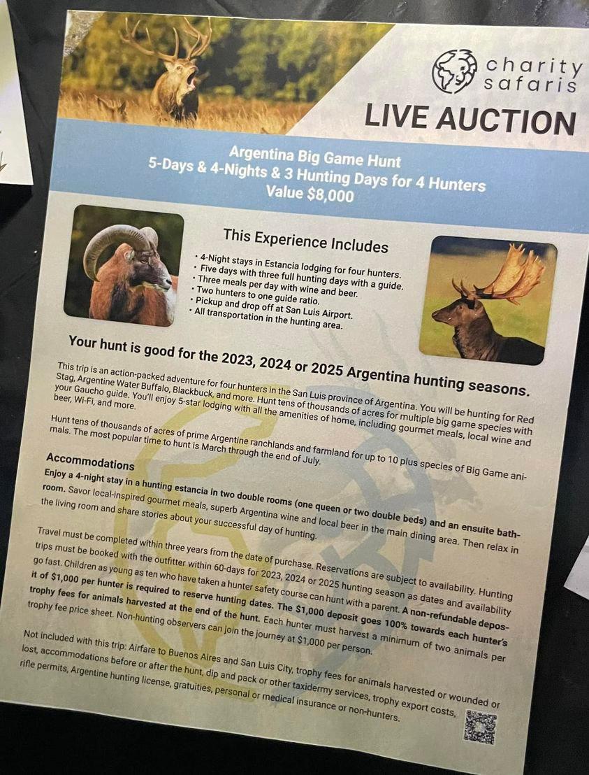 Argentina Big Game Hunting trip — $8000 value.