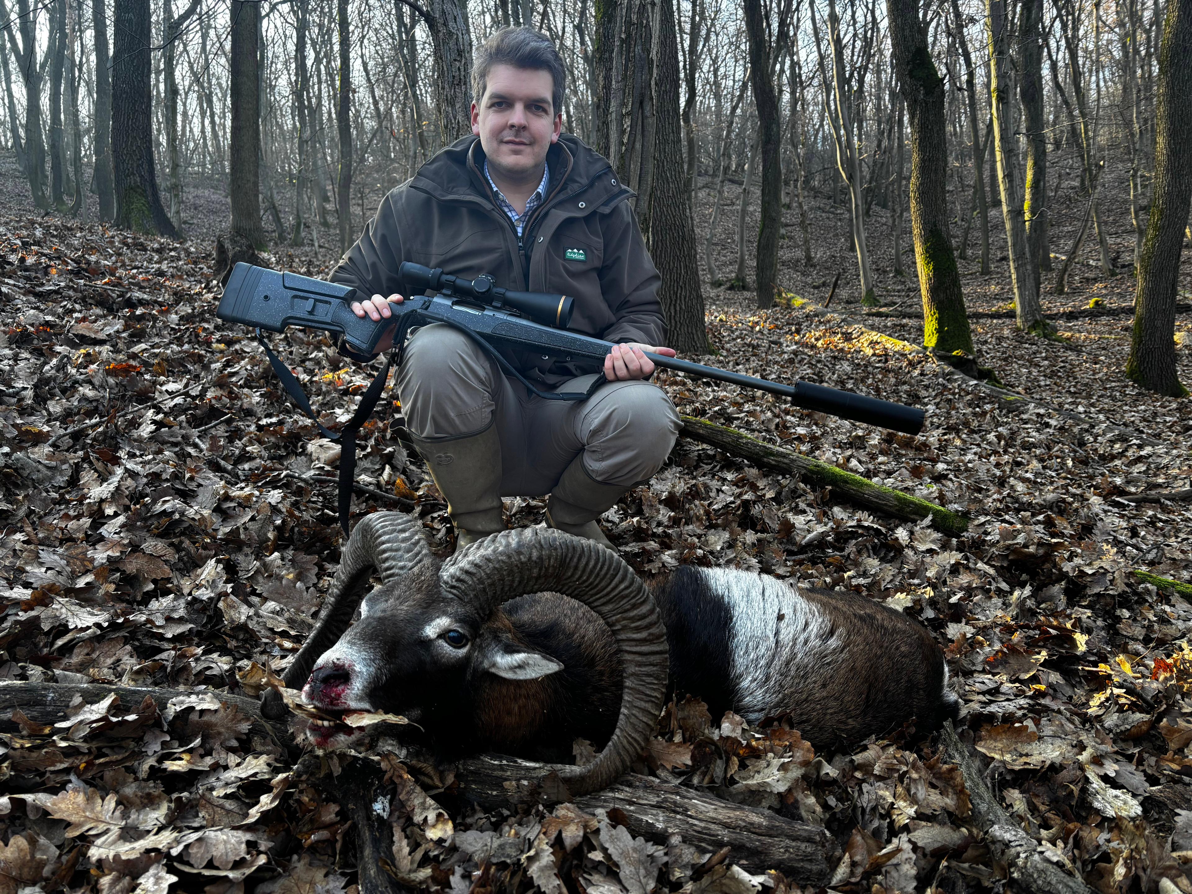 An unforgettable day in the Hungarian hills — proud to have taken a stunning trophy mouflon on this trip.