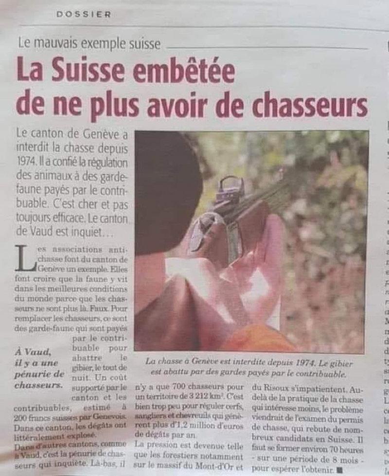 La Suisse et plus précisément le canton de Genève regrette les chasseurs ..par contre l'Algérie elle a réautorisée la chasse au bout de 15 ans d'interdiction   pour contrer la prolifération des sangliers