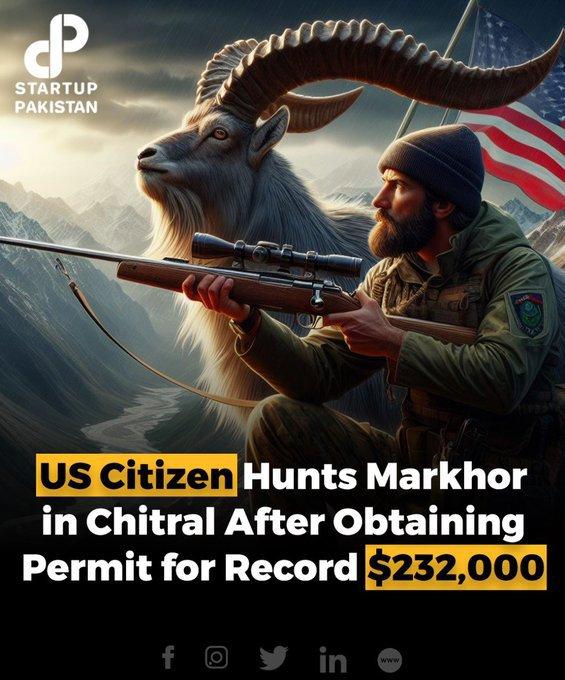 A US citizen, Deron James Millman, made history by securing a trophy hunting permit for a Markhor at Tooshi Shasha Conservancy in Lower Chitral district, paying a record $232,000.