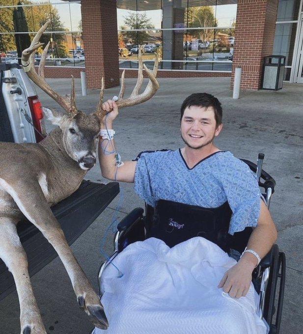 @chasewatson thought he made a bad shot and scrambled out of his stand when the ladder broke and he had to be rushed to the hospital.