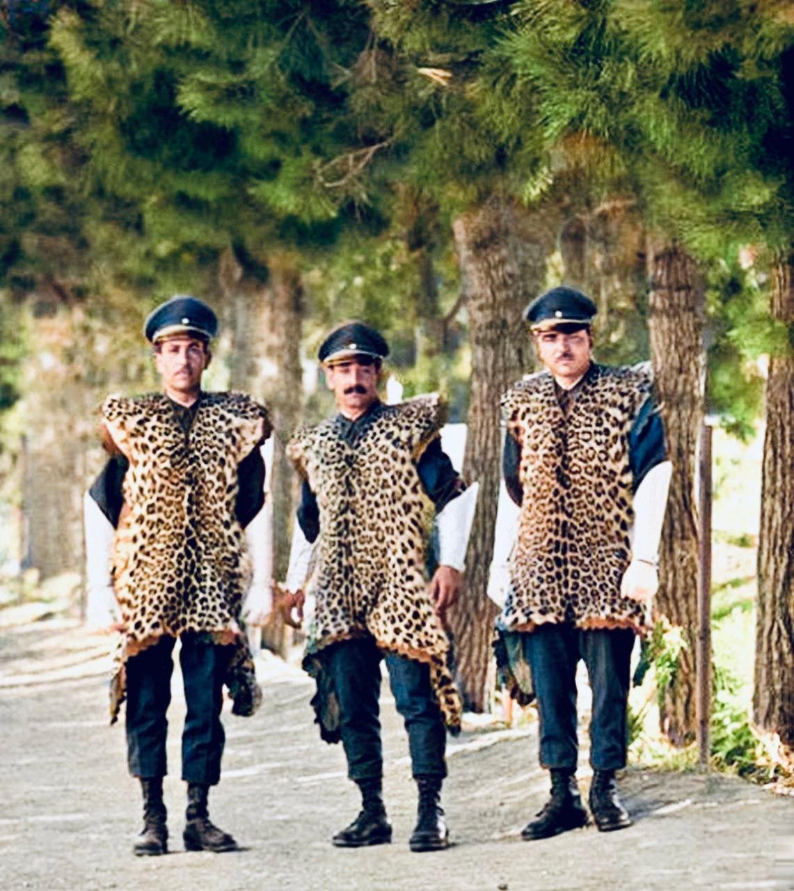 Soldiers of the elite guard unit of the Iranian Shah Mohammad Reza Pahlavi in a leopard skin uniform, 1960, Tehran.