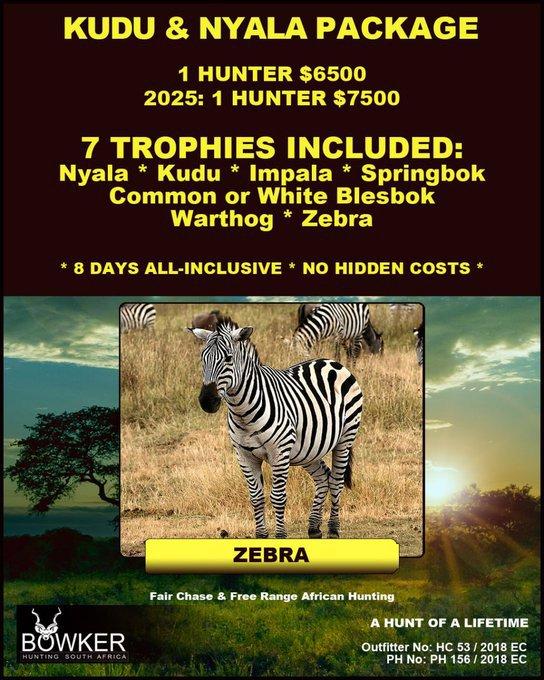 #hunting #nickbowkerhunting *a hunt of a lifetime * fair chase hunting, free-range * 7 trophies * 10 days * no hidden costs * Outfitter No: HC 53 / 2018 EC; PH No: PH 156 / 2018 EC - Kudu & Nyala Package https://nickbowkerhunting.com/african-hunting-packages#kudu-nyala-package