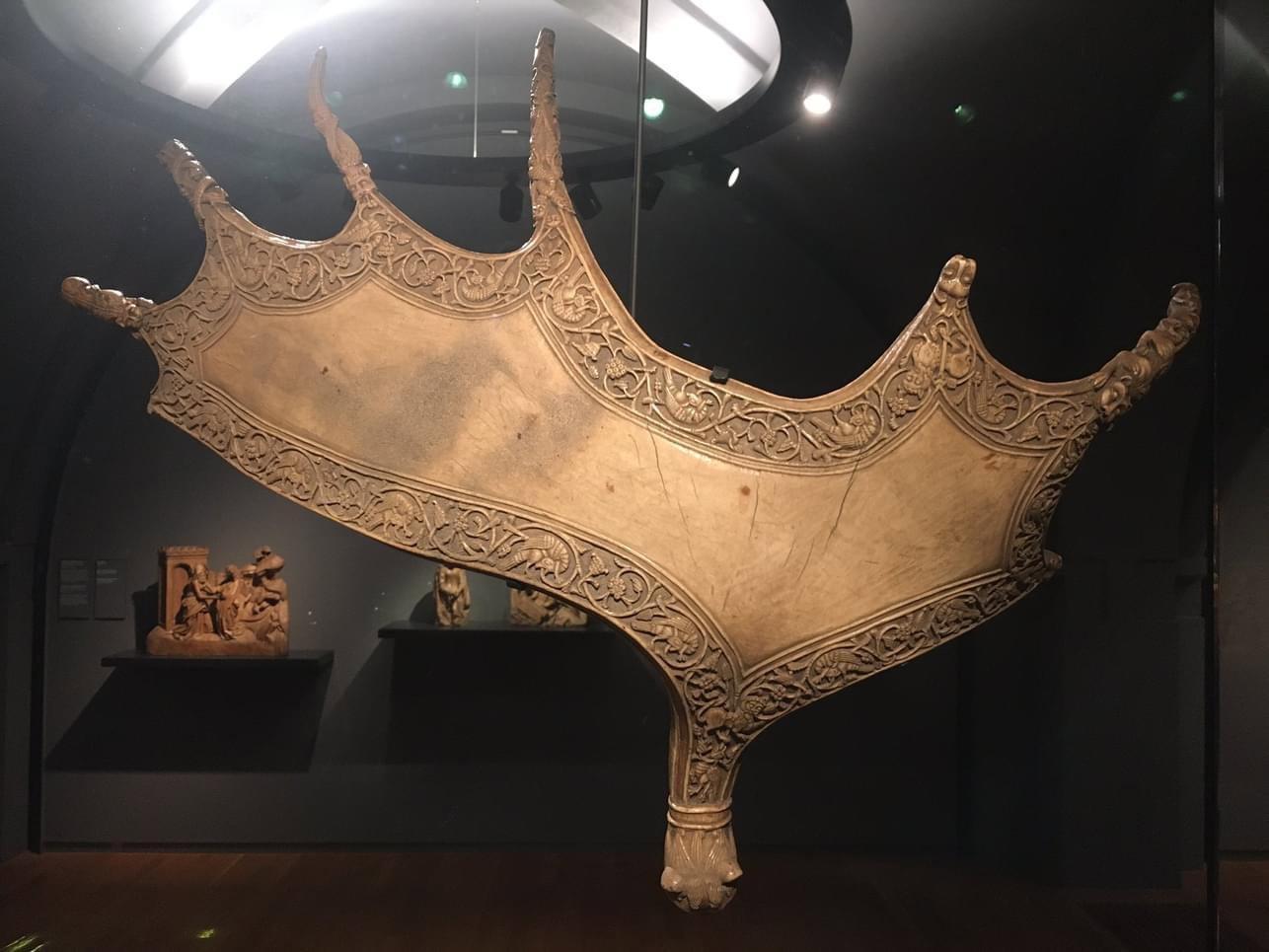 An 11th century “ornamental shield” that was carved from an elk's antler, found in the funerary chapel of Louis the Pious in Metz, France.